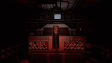 a dark room with a f10-n4 sign in the corner