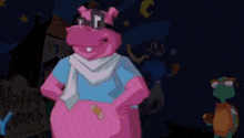 a pink hippo wearing sunglasses and a scarf