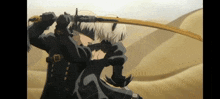 a man and a woman are holding swords in a desert .