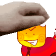 a cartoon character is being propped up by a hand .