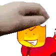 a cartoon character is being propped up by a hand .