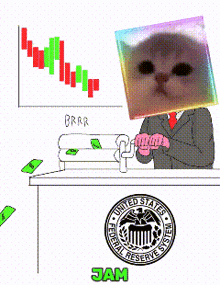 a cartoon of a man in a suit with a cat on his head and a united states federal reserve system logo