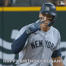 a new york yankees baseball player is wearing a helmet and gloves and wishing someone a happy birthday .