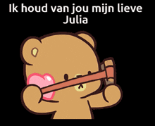 a teddy bear holding a pink heart with the words ik houd van jou mijn lieve julia