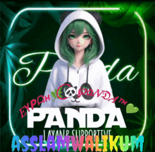 a girl with green hair and a panda hoodie