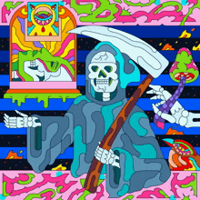 a grim reaper holding a scythe in a colorful cartoon