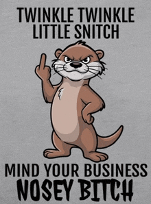 a cartoon otter giving the middle finger with the words mind your business nosey bitch below it
