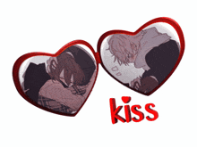 a picture of two hearts with the word kiss on it