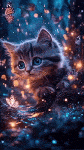 a kitten with blue eyes is sitting on a rock in the water with butterflies flying around it .