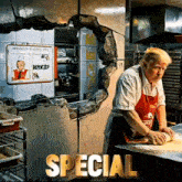 a man in an apron kneading dough in front of a sign that says deported