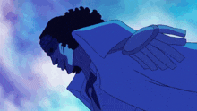 a cartoon of a man in a blue coat with wings on his arm