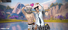 a man and a woman are posing for a picture in a free fire video game