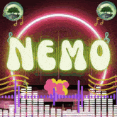 a neon sign that says nemo with a rainbow in the background