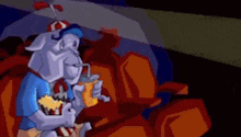 a cartoon character is eating popcorn and drinking a drink while sitting in a chair .