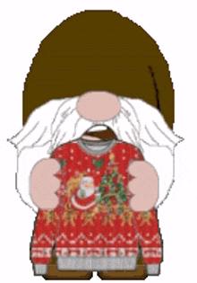 a gnome is wearing an ugly christmas sweater with a santa hat on it