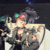 a girl with a ponytail and sunglasses is holding a remote control