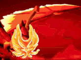 a red background with a yellow flame in the center