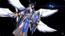 a woman with wings is holding a shield and a bow and arrow