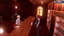 a man in a suit is talking to a woman behind a bar