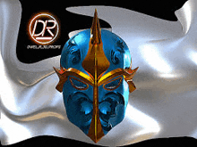 a 3d rendering of a blue and gold mask with a dr logo behind it