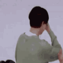 the back of a man wearing a green sweater and a white shirt .
