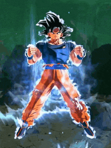a cartoon of a man with a blue shirt and orange pants standing in front of a green background