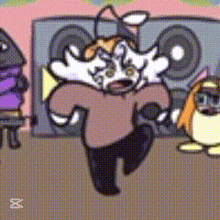 a cartoon drawing of a cat dancing in front of speakers