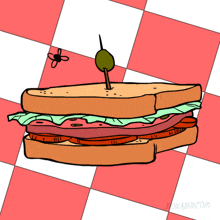 a cartoon of a sandwich with an olive on a checkered tablecloth
