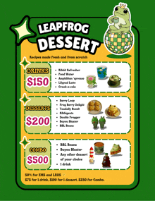 a menu for leapfrog dessert with frogs on it