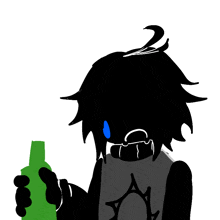 a drawing of a person holding a green bottle with a tear running down their face