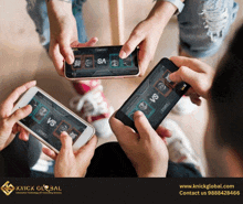 a group of people are playing a game on their cell phones with a knick global logo in the corner