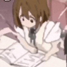 a cartoon girl is sitting at a table with a book in her hand .