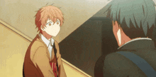 two anime characters are standing next to each other and one has a sweater with the letter l on it