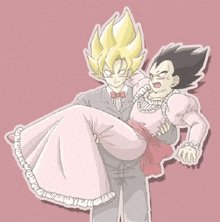 a cartoon of a man carrying a woman in a pink dress .