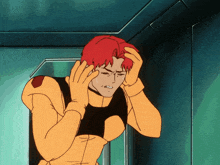 a cartoon character with red hair is holding his head in pain