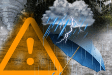 a warning sign with a blue umbrella in the foreground