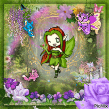 a picture of a fairy surrounded by purple flowers and butterflies with the caption picmix
