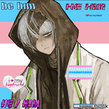 a drawing of a man with a hood and the words he him he him