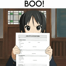 a girl is holding a job application form in front of her face and the words boo are above her
