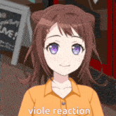 a girl with purple eyes is wearing an orange shirt with the words viole reaction written on it
