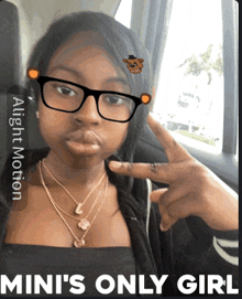 a girl wearing glasses and a necklace with the caption mini 's only girl on it