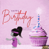 a birthday card with a purple cupcake and a little girl