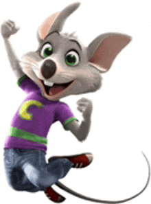 chuck e cheese mouse is jumping in the air and wearing a purple shirt .