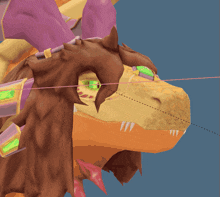 a close up of a cartoon dragon 's head with sharp teeth and a blue background