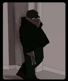 a cartoon character is leaning against a wall with a bottle in his hand