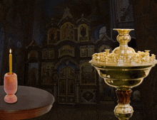 a candle is lit in front of a church