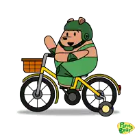 a cartoon bear wearing a helmet is riding a bike