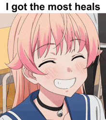 a girl with pink hair is smiling with a caption that says i got the most heals