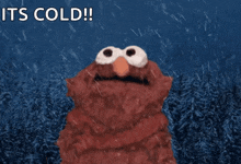 elmo is standing in the rain with the words it 's cold