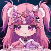 a cute anime girl with pink hair and purple eyes is sitting at a table with a lollipop in her hair .